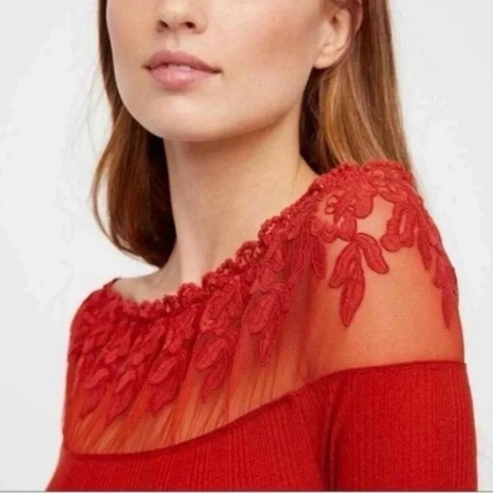 Free People Red Ribbed Lace Off Shoulder Long Sleeve Top Size L